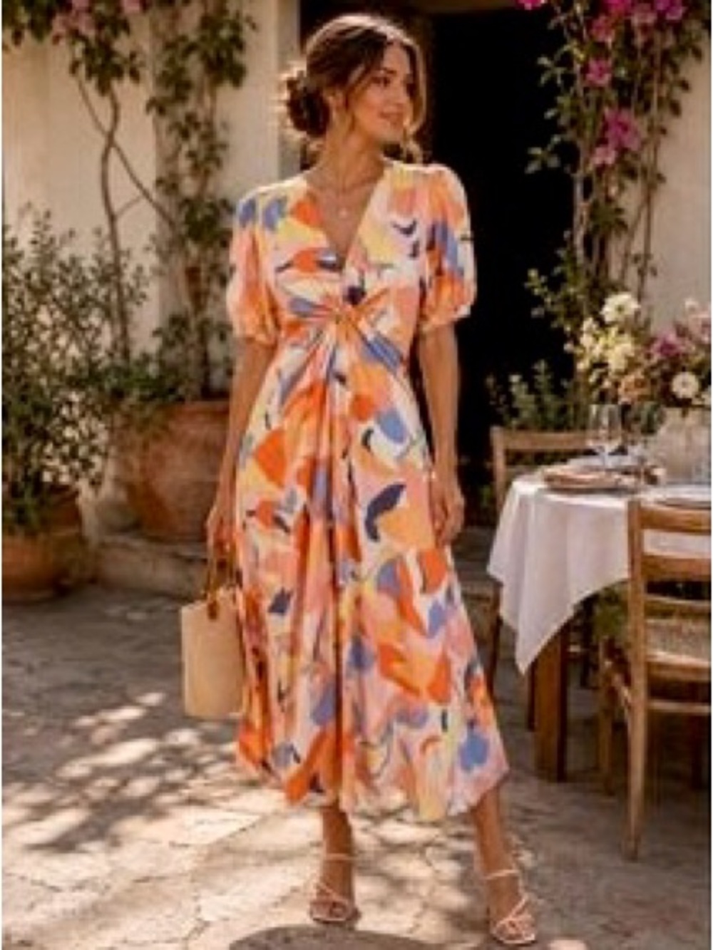 White Closet Abstract Print Twist-Front Maxi Dress in Peach Multi